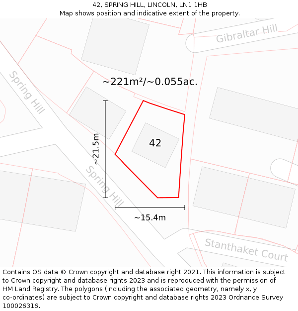 42, SPRING HILL, LINCOLN, LN1 1HB: Plot and title map