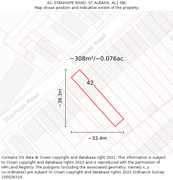 42, STANHOPE ROAD, ST ALBANS, AL1 5BL: Plot and title map