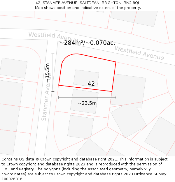 42, STANMER AVENUE, SALTDEAN, BRIGHTON, BN2 8QL: Plot and title map