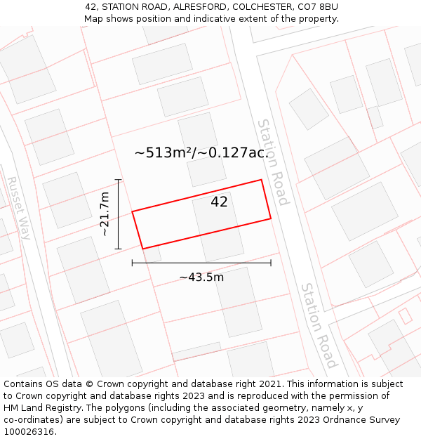 42, STATION ROAD, ALRESFORD, COLCHESTER, CO7 8BU: Plot and title map