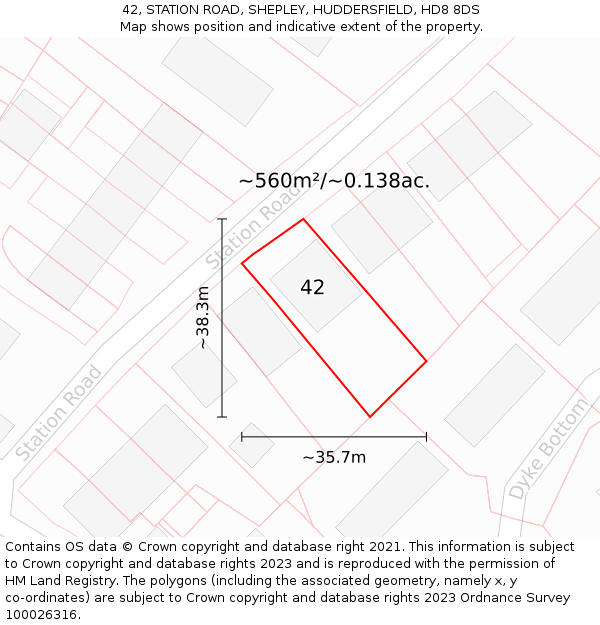 42, STATION ROAD, SHEPLEY, HUDDERSFIELD, HD8 8DS: Plot and title map