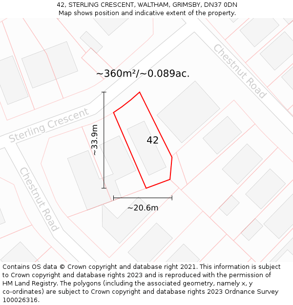 42, STERLING CRESCENT, WALTHAM, GRIMSBY, DN37 0DN: Plot and title map