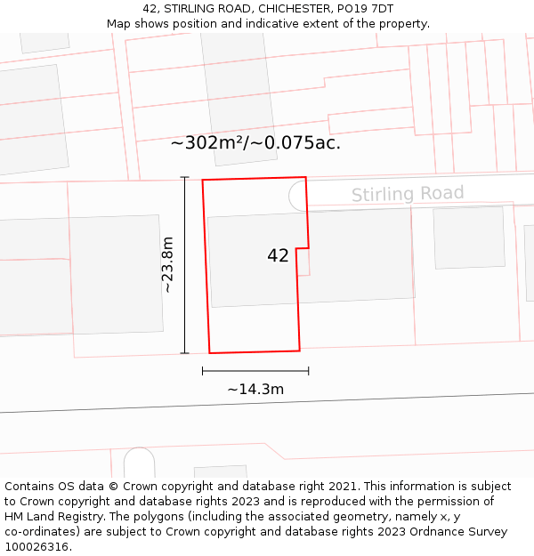 42, STIRLING ROAD, CHICHESTER, PO19 7DT: Plot and title map