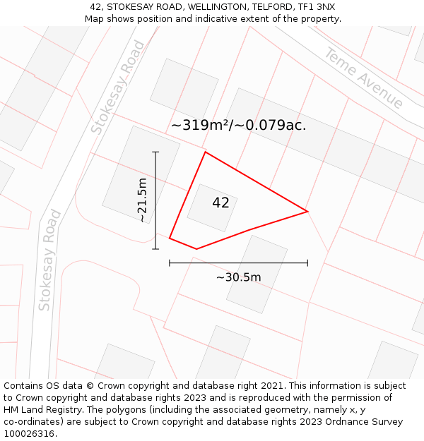 42, STOKESAY ROAD, WELLINGTON, TELFORD, TF1 3NX: Plot and title map