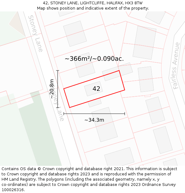 42, STONEY LANE, LIGHTCLIFFE, HALIFAX, HX3 8TW: Plot and title map