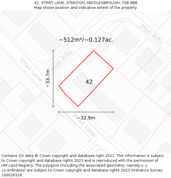 42, STRAIT LANE, STAINTON, MIDDLESBROUGH, TS8 9BB: Plot and title map