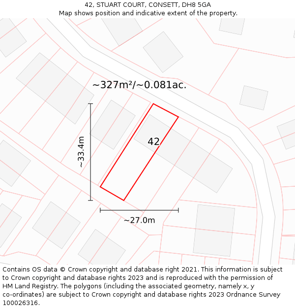 42, STUART COURT, CONSETT, DH8 5GA: Plot and title map