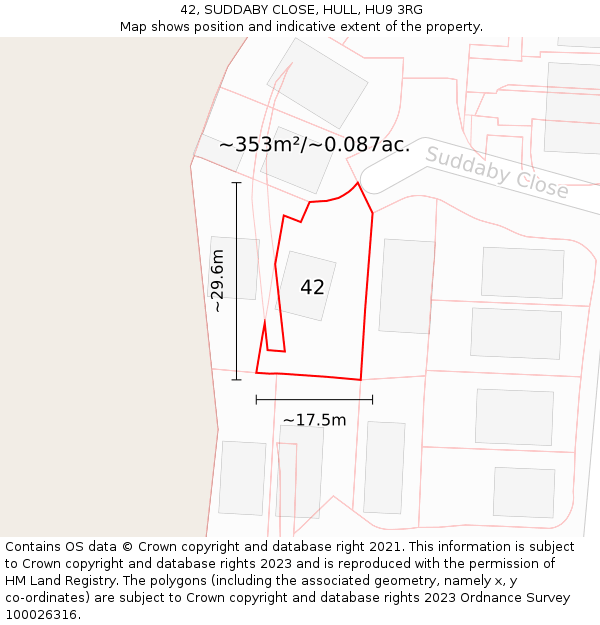 42, SUDDABY CLOSE, HULL, HU9 3RG: Plot and title map