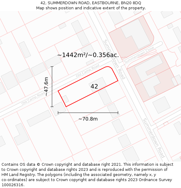 42, SUMMERDOWN ROAD, EASTBOURNE, BN20 8DQ: Plot and title map