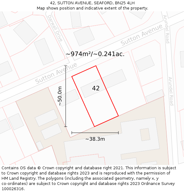 42, SUTTON AVENUE, SEAFORD, BN25 4LH: Plot and title map