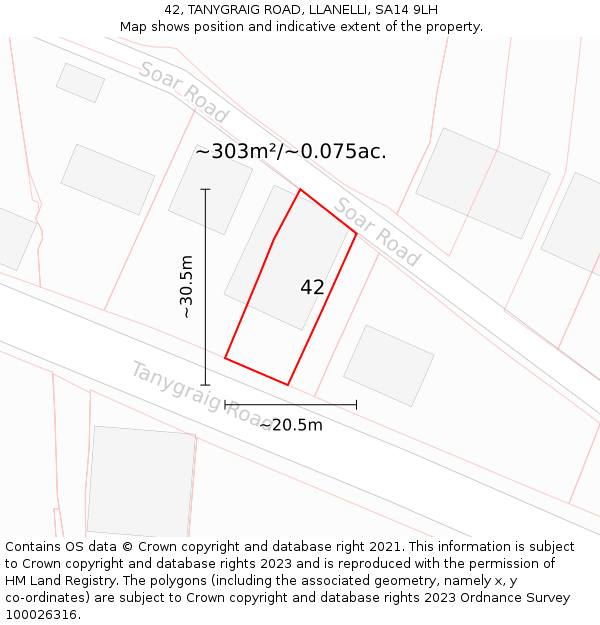 42, TANYGRAIG ROAD, LLANELLI, SA14 9LH: Plot and title map