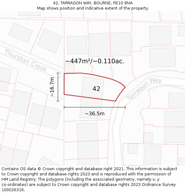 42, TARRAGON WAY, BOURNE, PE10 9NA: Plot and title map