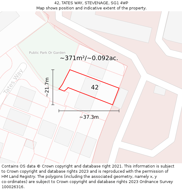 42, TATES WAY, STEVENAGE, SG1 4WP: Plot and title map