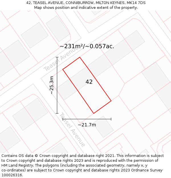 42, TEASEL AVENUE, CONNIBURROW, MILTON KEYNES, MK14 7DS: Plot and title map