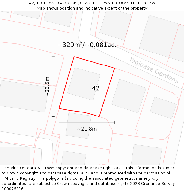 42, TEGLEASE GARDENS, CLANFIELD, WATERLOOVILLE, PO8 0YW: Plot and title map