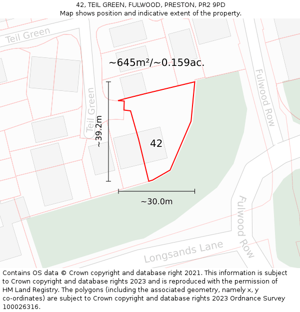 42, TEIL GREEN, FULWOOD, PRESTON, PR2 9PD: Plot and title map