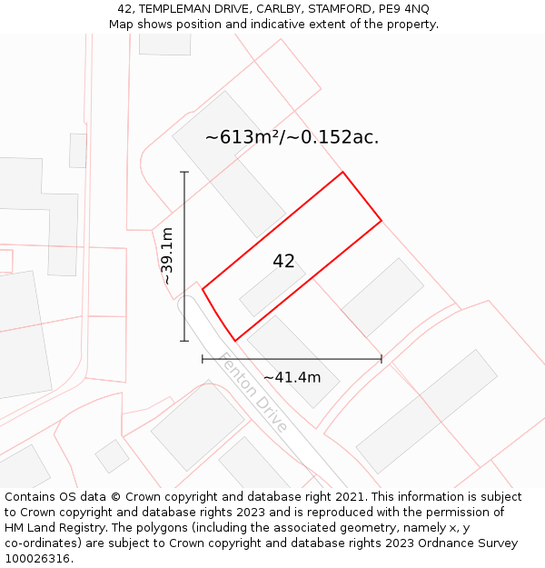 42, TEMPLEMAN DRIVE, CARLBY, STAMFORD, PE9 4NQ: Plot and title map