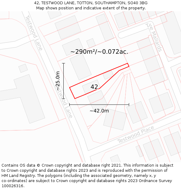 42, TESTWOOD LANE, TOTTON, SOUTHAMPTON, SO40 3BG: Plot and title map