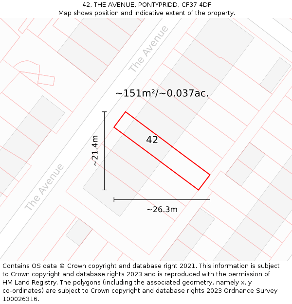 42, THE AVENUE, PONTYPRIDD, CF37 4DF: Plot and title map