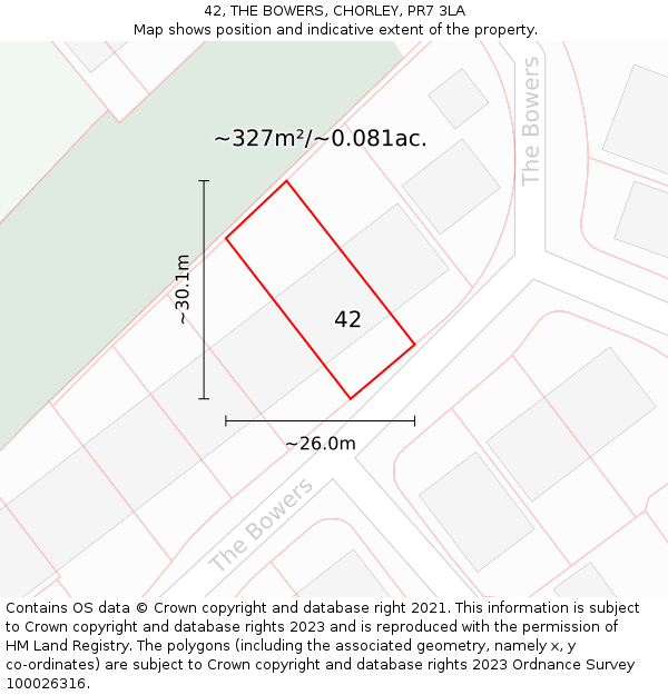 42, THE BOWERS, CHORLEY, PR7 3LA: Plot and title map