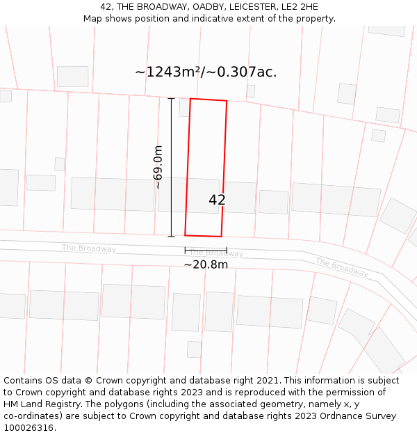 42, THE BROADWAY, OADBY, LEICESTER, LE2 2HE: Plot and title map