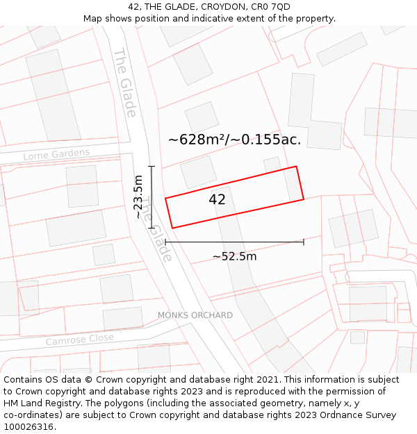 42, THE GLADE, CROYDON, CR0 7QD: Plot and title map