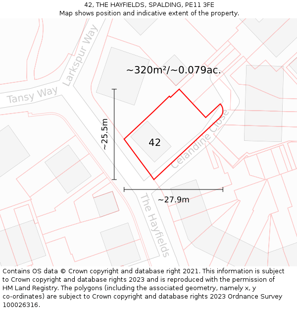 42, THE HAYFIELDS, SPALDING, PE11 3FE: Plot and title map