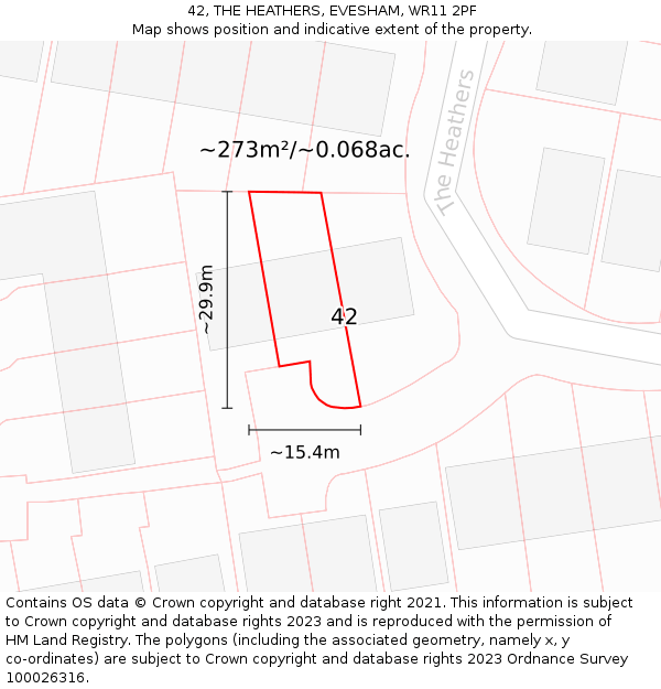 42, THE HEATHERS, EVESHAM, WR11 2PF: Plot and title map