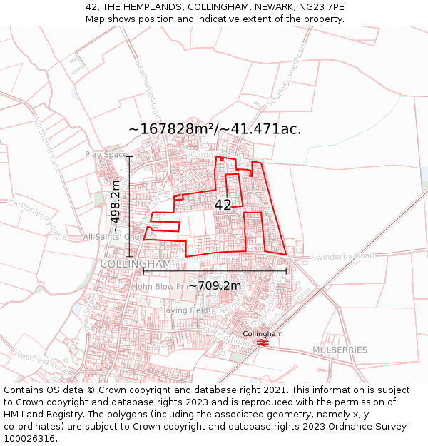 42, THE HEMPLANDS, COLLINGHAM, NEWARK, NG23 7PE: Plot and title map