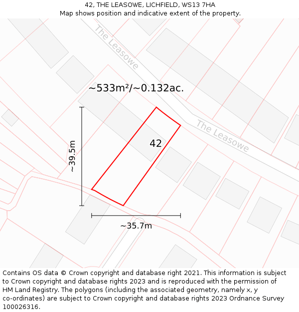 42, THE LEASOWE, LICHFIELD, WS13 7HA: Plot and title map