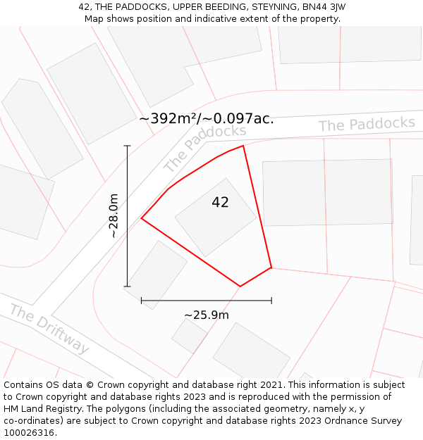 42, THE PADDOCKS, UPPER BEEDING, STEYNING, BN44 3JW: Plot and title map