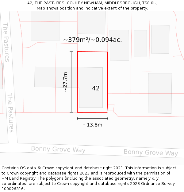 42, THE PASTURES, COULBY NEWHAM, MIDDLESBROUGH, TS8 0UJ: Plot and title map