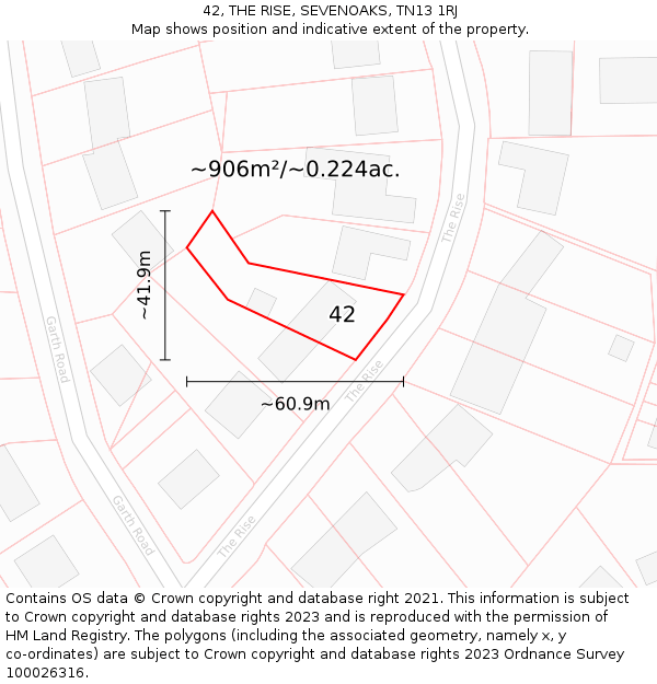 42, THE RISE, SEVENOAKS, TN13 1RJ: Plot and title map