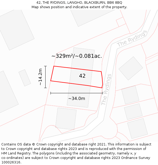 42, THE RYDINGS, LANGHO, BLACKBURN, BB6 8BQ: Plot and title map