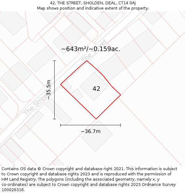 42, THE STREET, SHOLDEN, DEAL, CT14 0AJ: Plot and title map