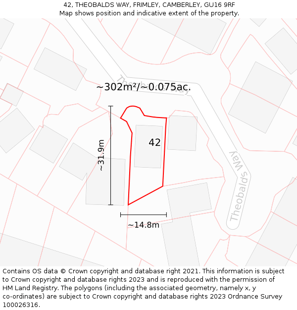 42, THEOBALDS WAY, FRIMLEY, CAMBERLEY, GU16 9RF: Plot and title map