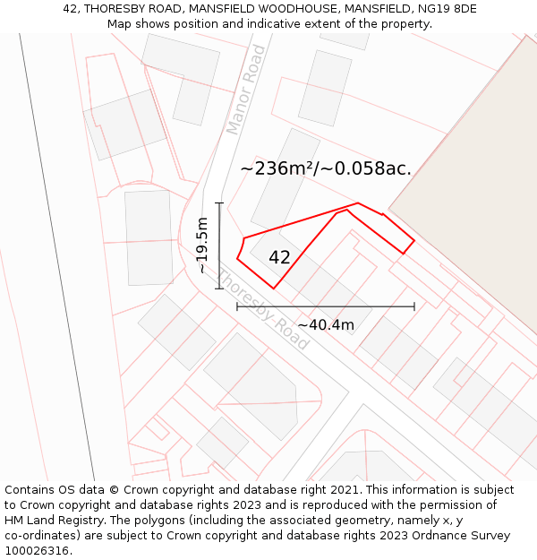 42, THORESBY ROAD, MANSFIELD WOODHOUSE, MANSFIELD, NG19 8DE: Plot and title map