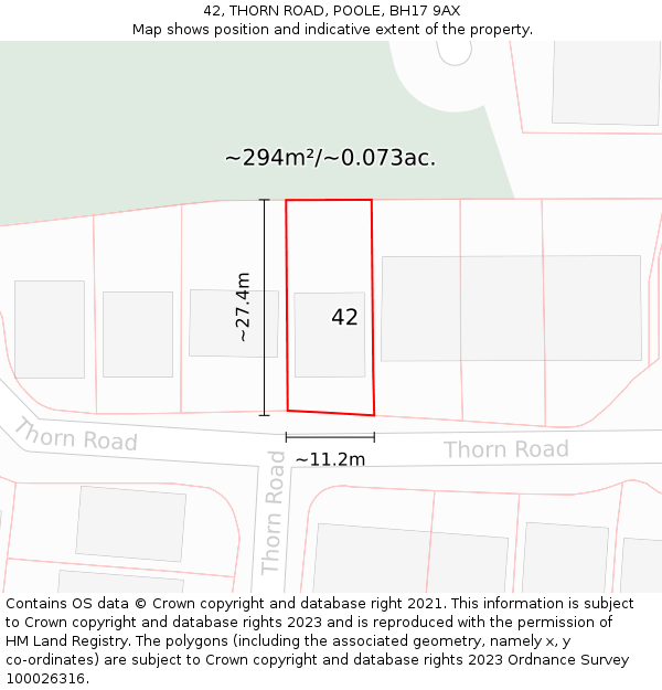 42, THORN ROAD, POOLE, BH17 9AX: Plot and title map