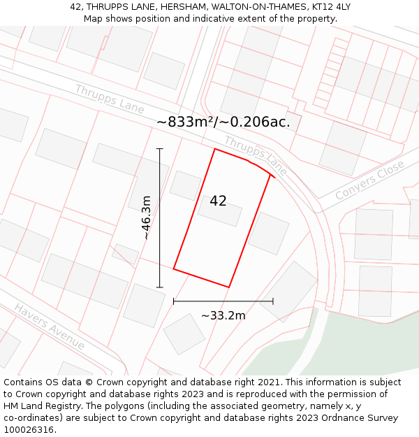 42, THRUPPS LANE, HERSHAM, WALTON-ON-THAMES, KT12 4LY: Plot and title map