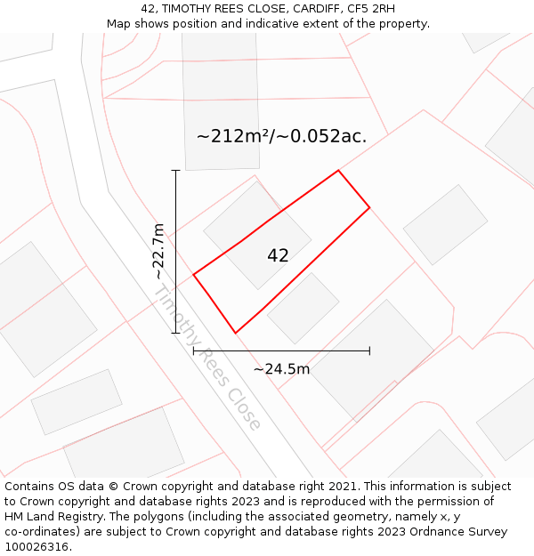 42, TIMOTHY REES CLOSE, CARDIFF, CF5 2RH: Plot and title map