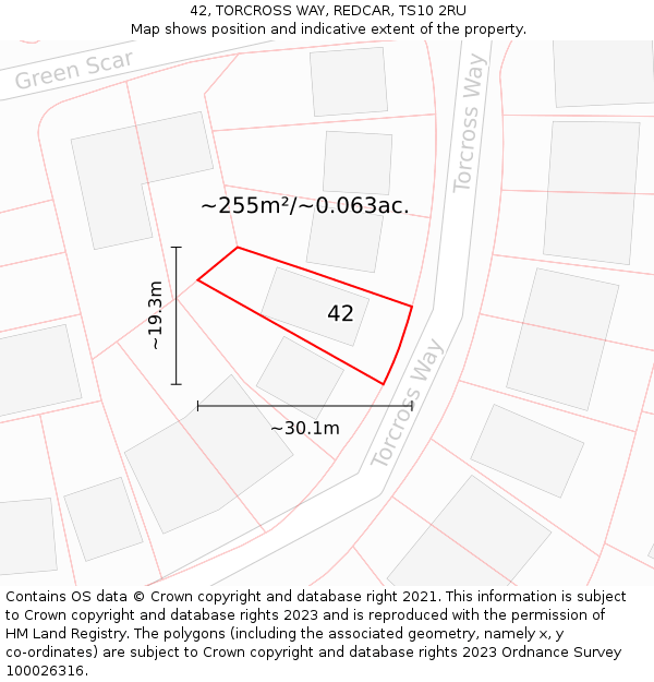 42, TORCROSS WAY, REDCAR, TS10 2RU: Plot and title map