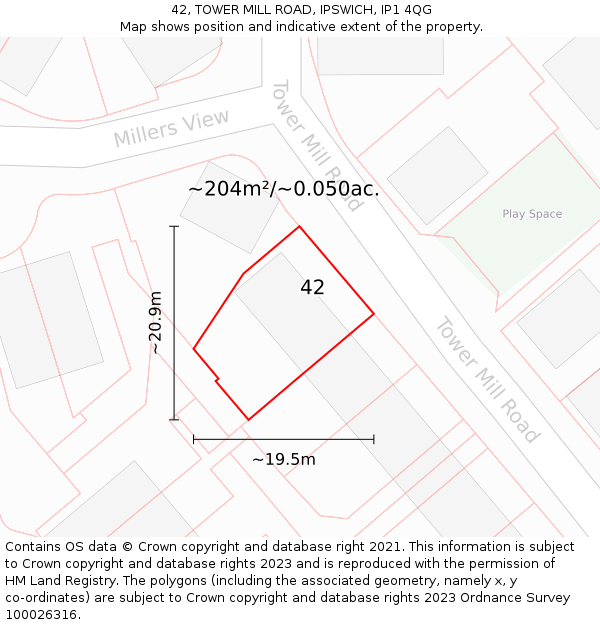 42, TOWER MILL ROAD, IPSWICH, IP1 4QG: Plot and title map