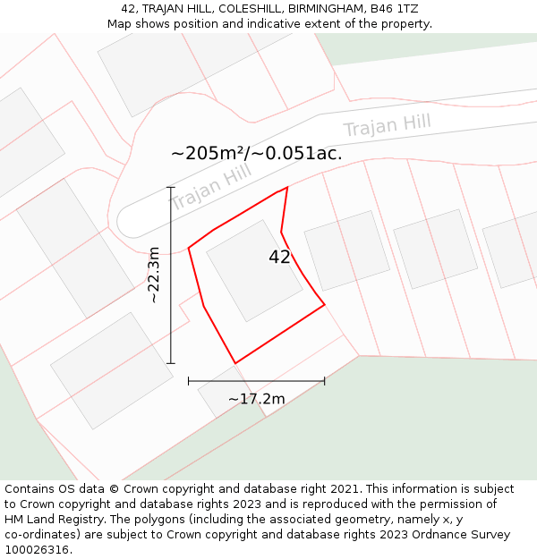 42, TRAJAN HILL, COLESHILL, BIRMINGHAM, B46 1TZ: Plot and title map