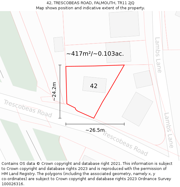 42, TRESCOBEAS ROAD, FALMOUTH, TR11 2JQ: Plot and title map