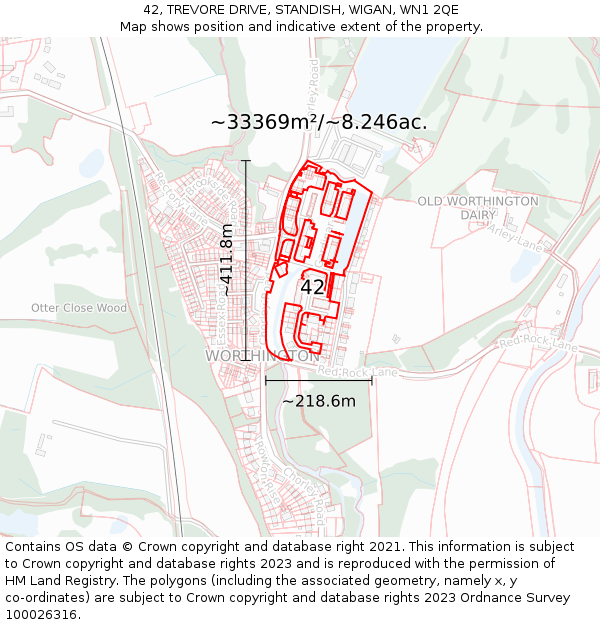 42, TREVORE DRIVE, STANDISH, WIGAN, WN1 2QE: Plot and title map