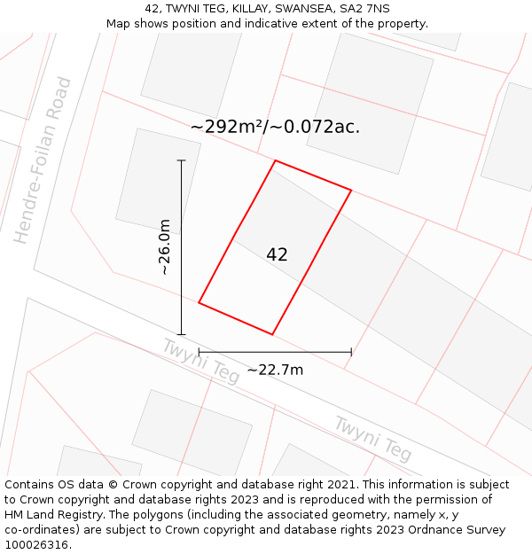 42, TWYNI TEG, KILLAY, SWANSEA, SA2 7NS: Plot and title map