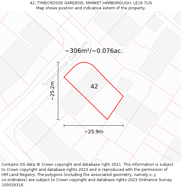 42, TYMECROSSE GARDENS, MARKET HARBOROUGH, LE16 7US: Plot and title map