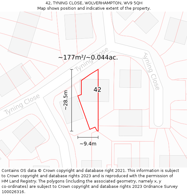 42, TYNING CLOSE, WOLVERHAMPTON, WV9 5QH: Plot and title map