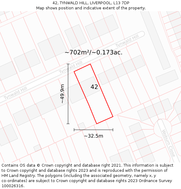 42, TYNWALD HILL, LIVERPOOL, L13 7DP: Plot and title map