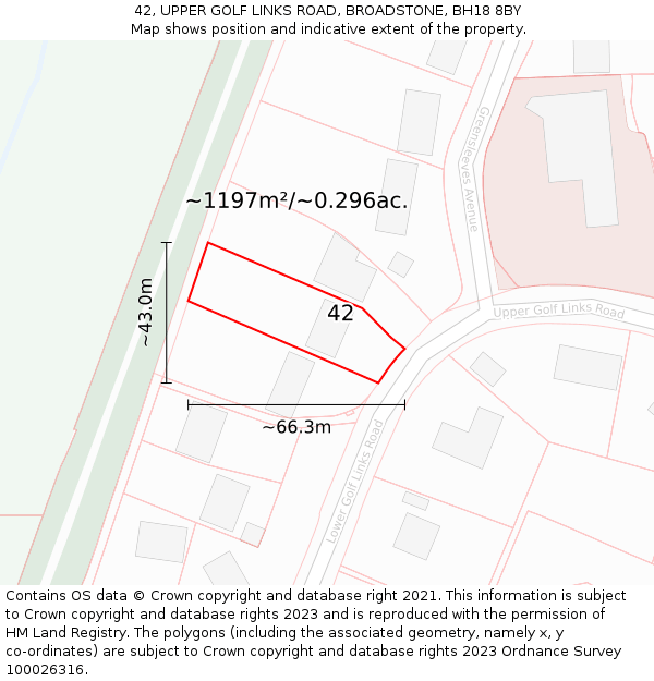 42, UPPER GOLF LINKS ROAD, BROADSTONE, BH18 8BY: Plot and title map